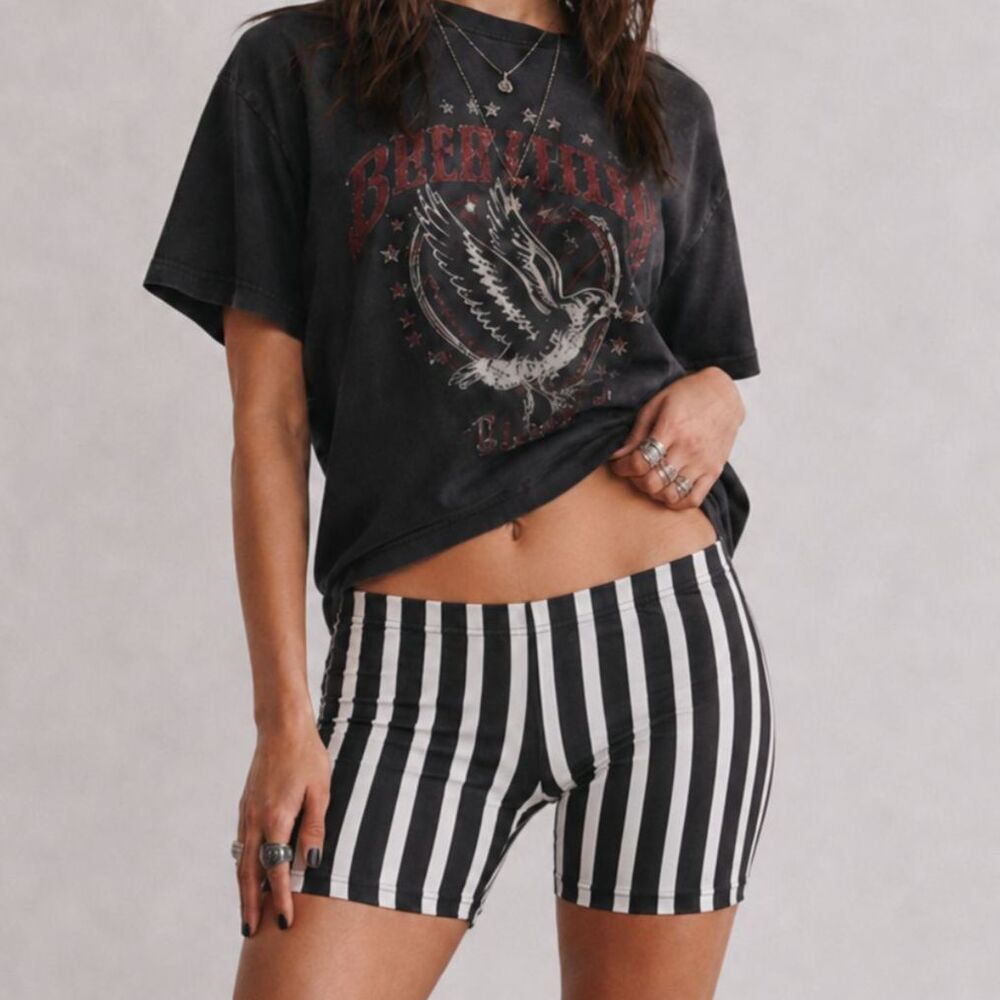 Black White Striped Activewear Workout‎ Biker Shorts Medium